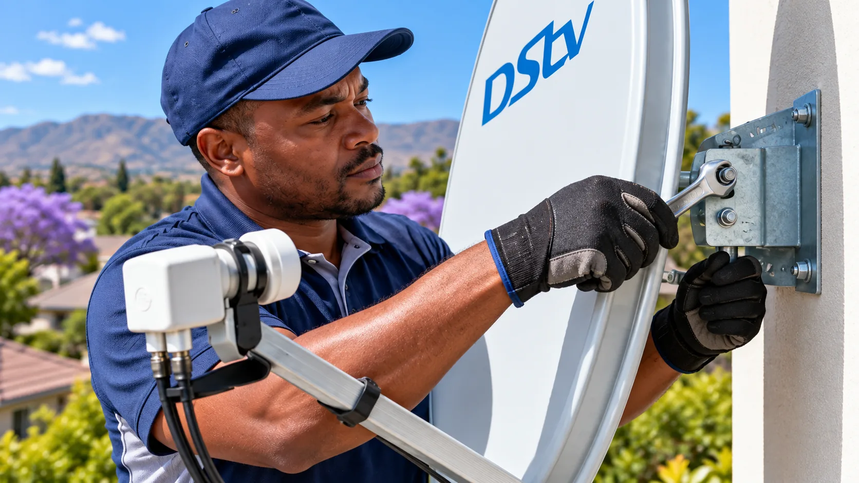 Dish bracket being secured to a wall