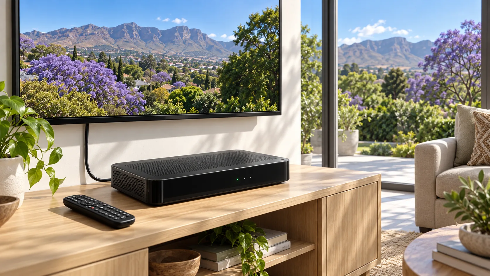 DStv Explora decoder on a TV unit
