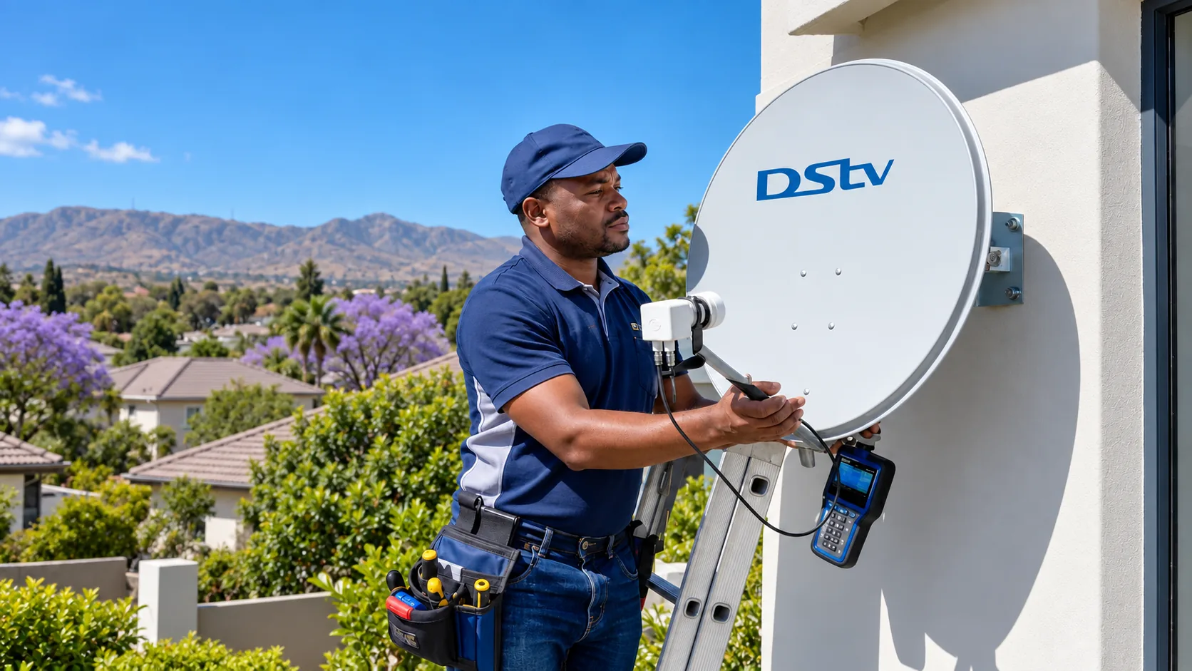 Technician bolting a new DStv dish to a house wall