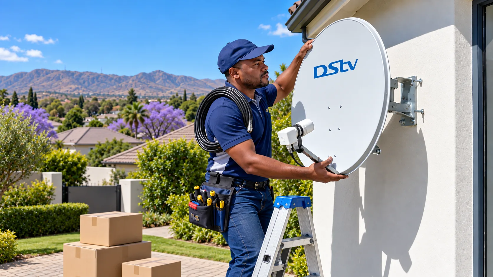 Technician remounting a dish at a new address