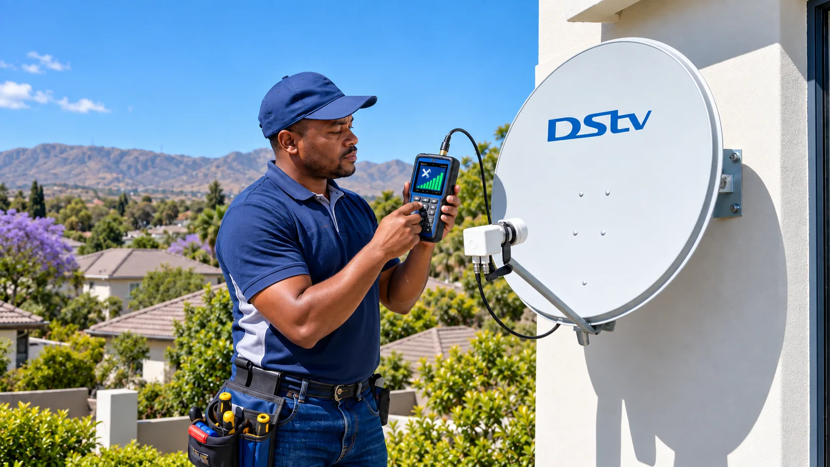 Technician checking dish signal with a meter