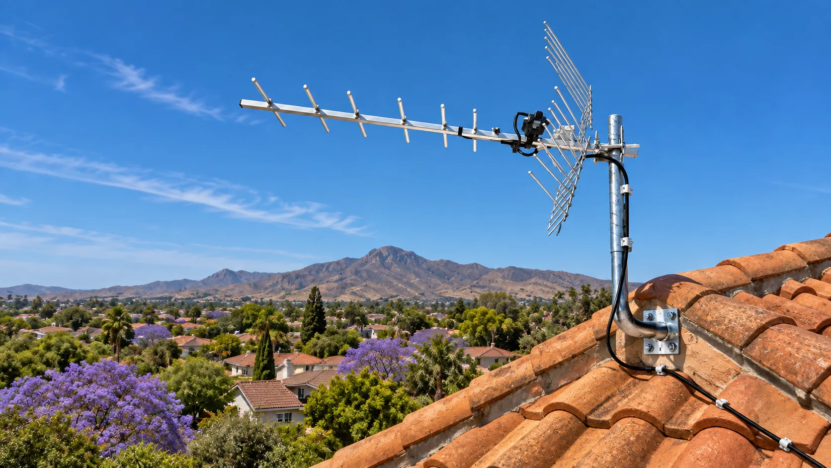 Terrestrial TV aerial mounted on a tiled roof