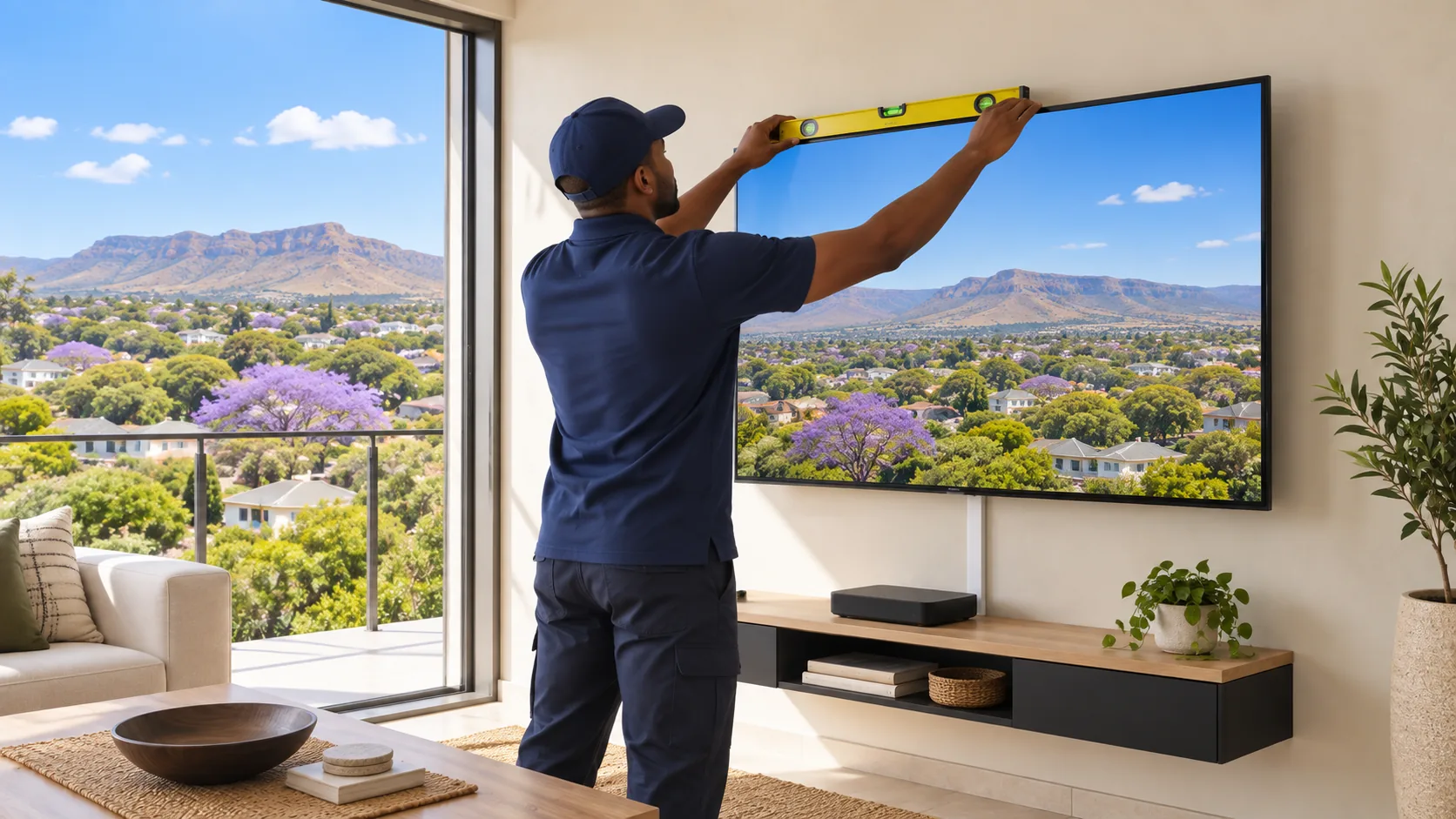 Large TV mounted flush on a lounge wall