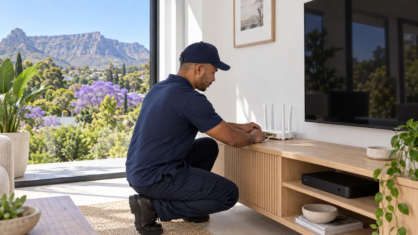 Technician connecting a router below a wall-mounted access point